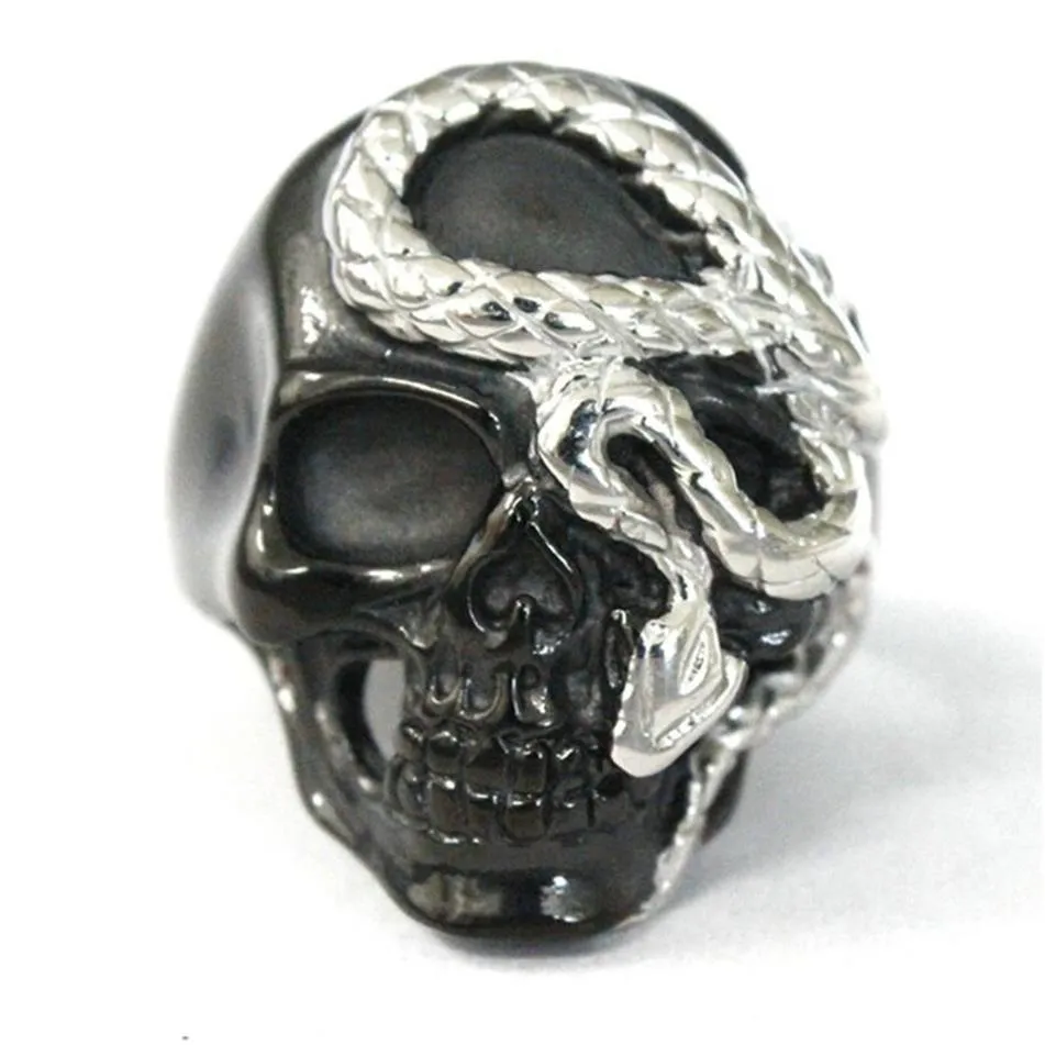 Gotischer zweifarbiger Totenkopf-Ring, cooler Herren-Titan-Stahl-Schmuck, böser Schlangen-Schädel-Biker-Punk-Ring, Größe 7–14233p