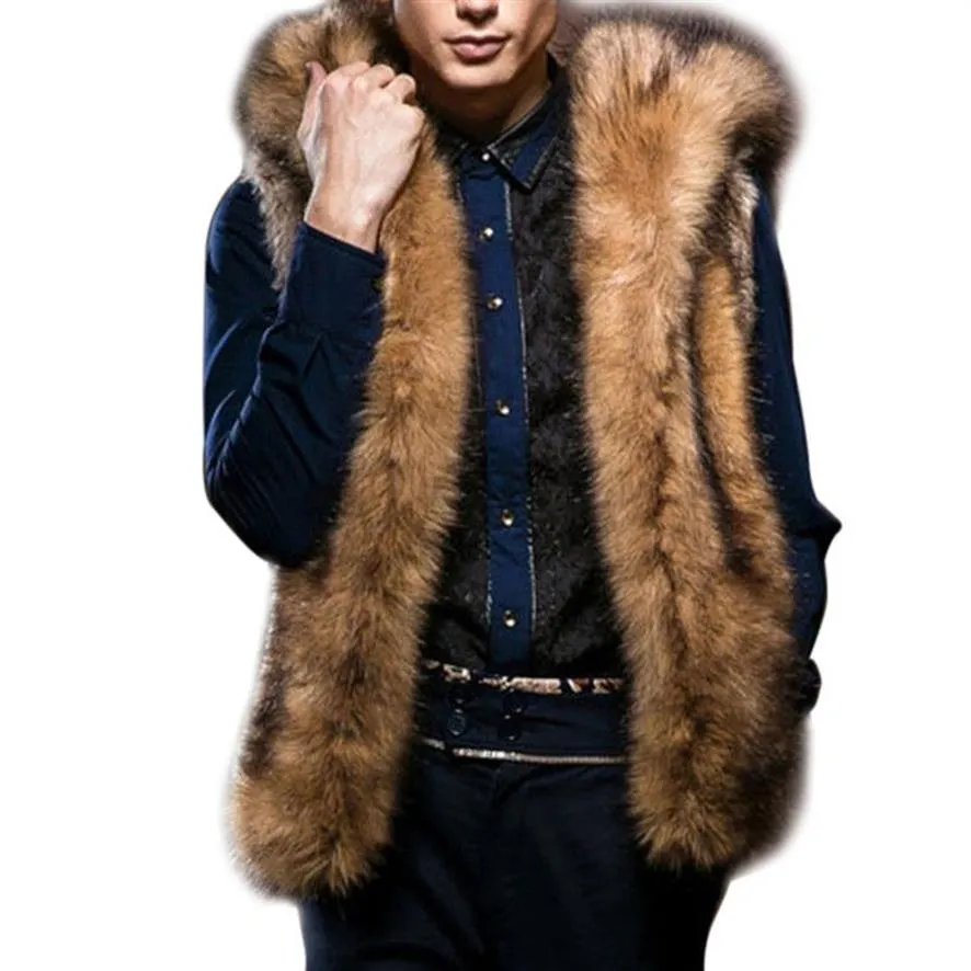 Winter Thick Warm Sleeveless Hooded Luxury Fur Men Vest Coat Jacket Plus Size Fluffy Faux Fur Coats Chalecos De Hombre Z4274p