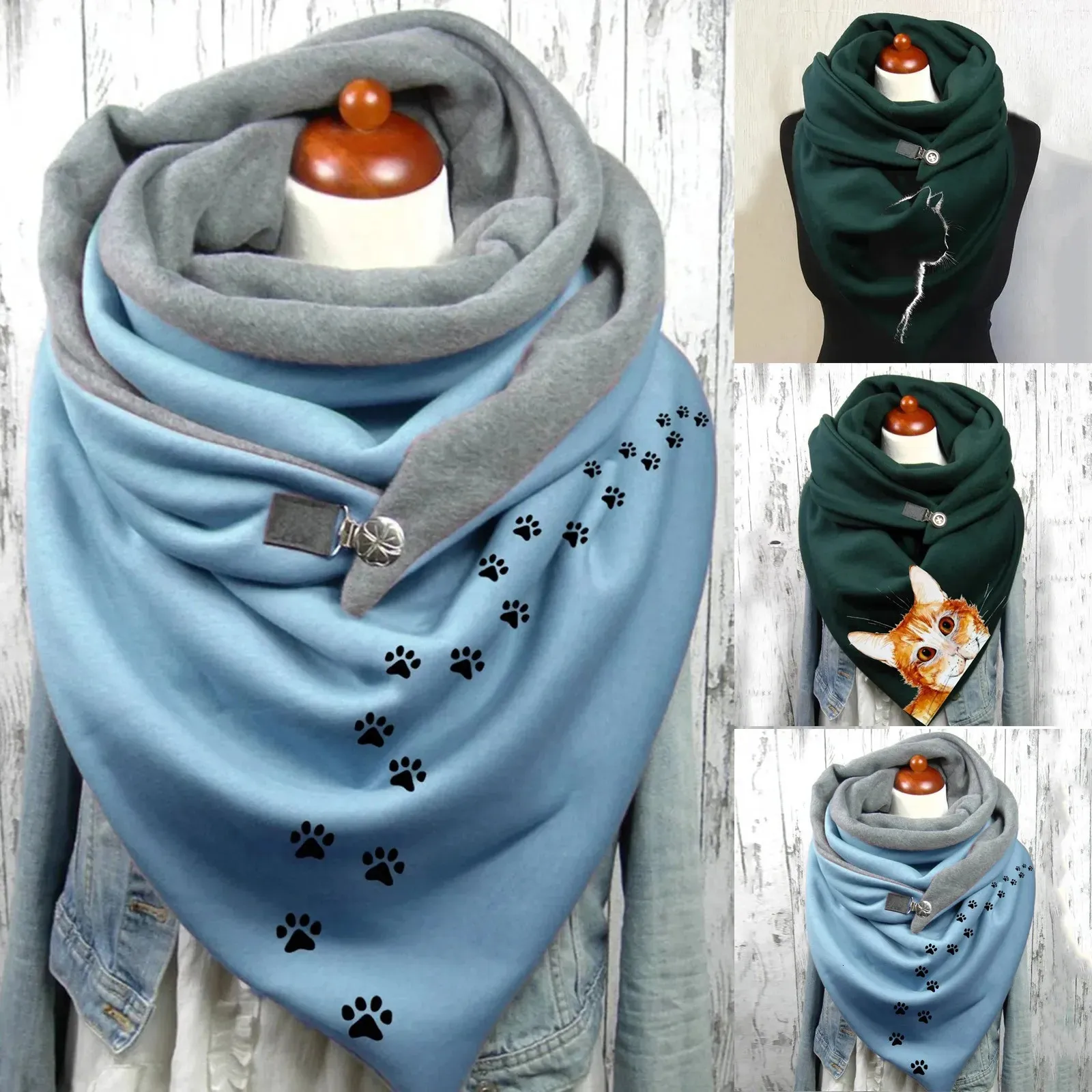 Scarves Fashion Winter Women Scarf Solid Retro Printing Button Soft Wrap Casual Warm Shawls 231012