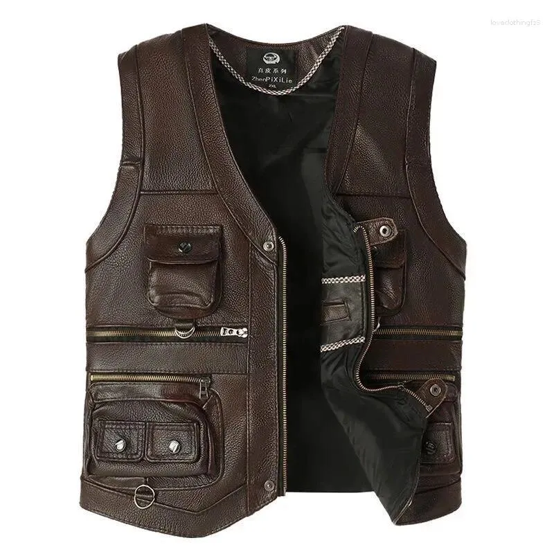 Men's Vests Leather Multi Pocket Vest V-neck Fashion Casual Men Slim Fit Cowhide Genuine