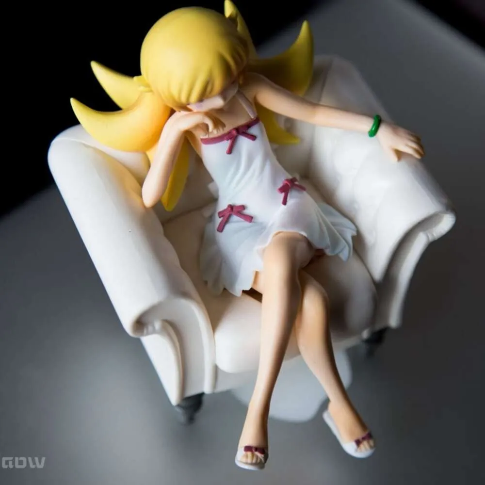 Mascot Costumes 12cm Anime Figure Bakemonogatari Series Sofa Seat Oshino Shinobu White Dress Sitting Pose Model Dolls Toy Gift Pvc Material