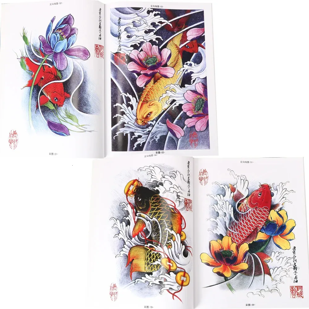 Livros de tatuagem Livro de tatuagem tradicional Chinês Koi Carp Bênção Belo padrão Design Top Manuscrito Acessórios de tatuagem para artista corporal 231012