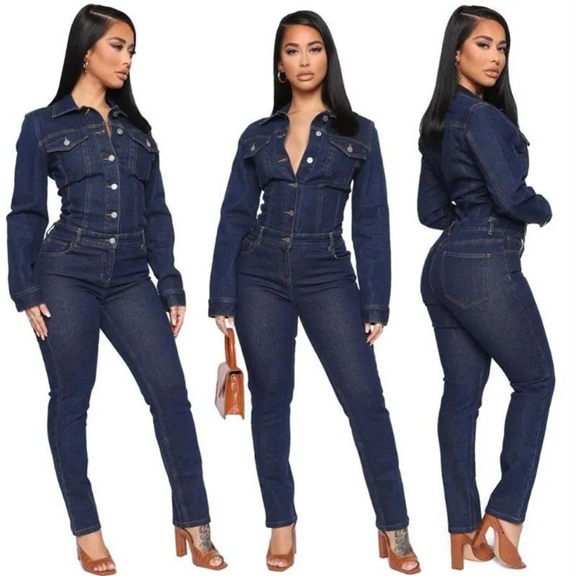 Women's Jumpsuits & Rompers Plus Sizes Winter Jeans Jumpsuit Sexy Women Long Sleeve Bodycon Casual Denim Overalls267n