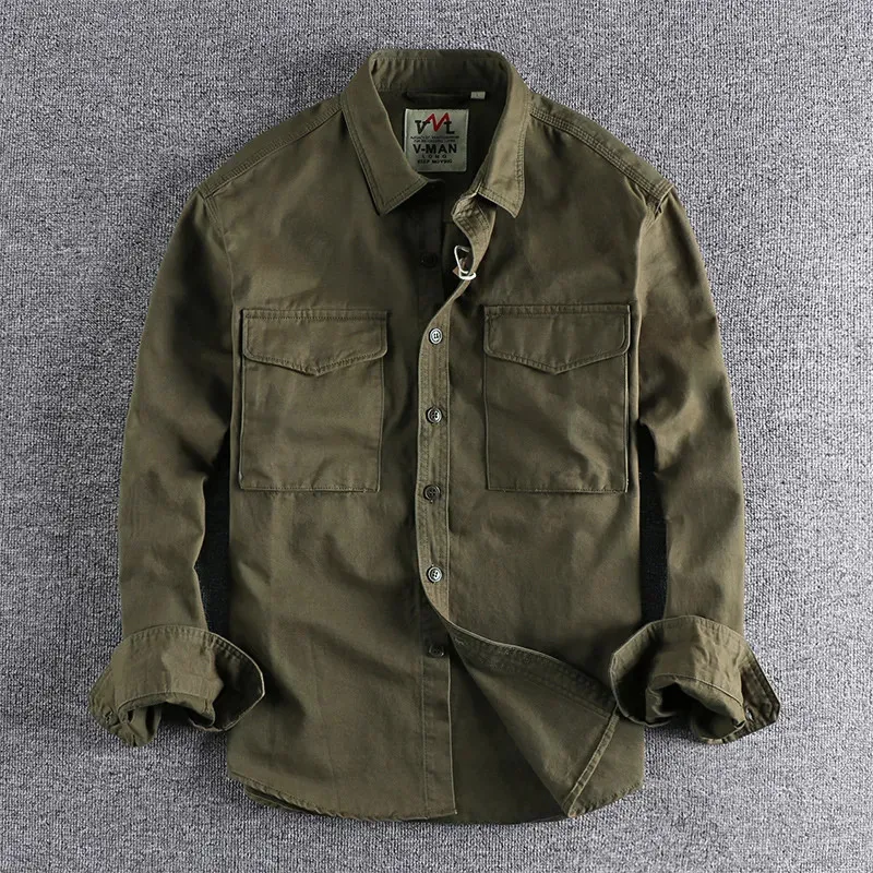 Camisas casuales para hombres Camisa de carga masculina retro Chaqueta Lona Algodón Caqui Uniforme militar Trabajo informal ligero Camisas estilo safari Ropa superior para hombres 231012