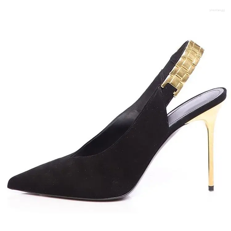 Отсуть обувь черное золото насосы насоса женская элегантная заостренная замшевая пятка 10 см. Вечер Большой размер 14