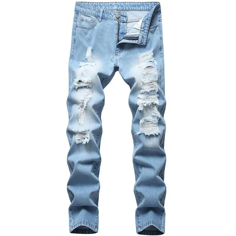 Jeans pour hommes Hommes Pantalons Long Fashion Denim Jean Bleu Trou droit Hip Hop Casual Washed Brand Dropship208L
