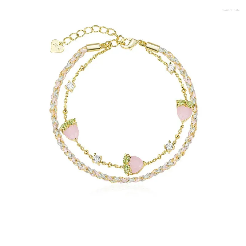 Charme pulseiras bonito rosa zircão adorável morango dupla camadas pulseira artesanal corda corrente 18k banhado a ouro presente para senhora mulheres jóias