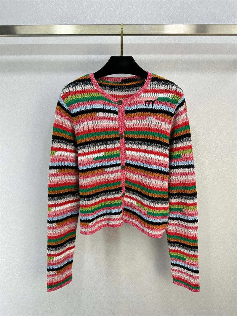 23 Autunno/Inverno Nuovo Classico Manica Lunga Contrasto Strisce Arcobaleno Mostra Cardigan Sottile e Versatile da Donna