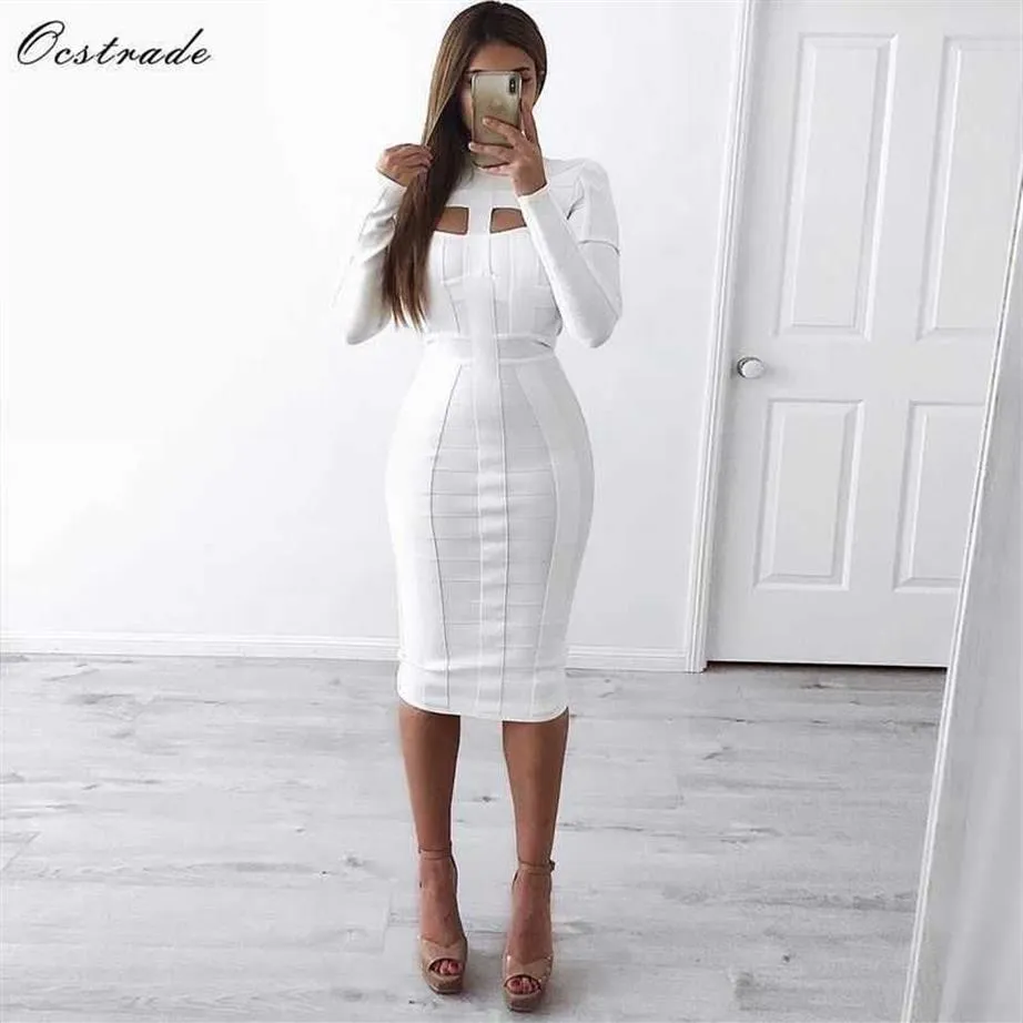 Ocstrade Women White Bandage Dress Bodycon Arrivals Sexy Cut Out High Neck Long Sleeve Party Rayon Bandage Midi Dress 201023281c