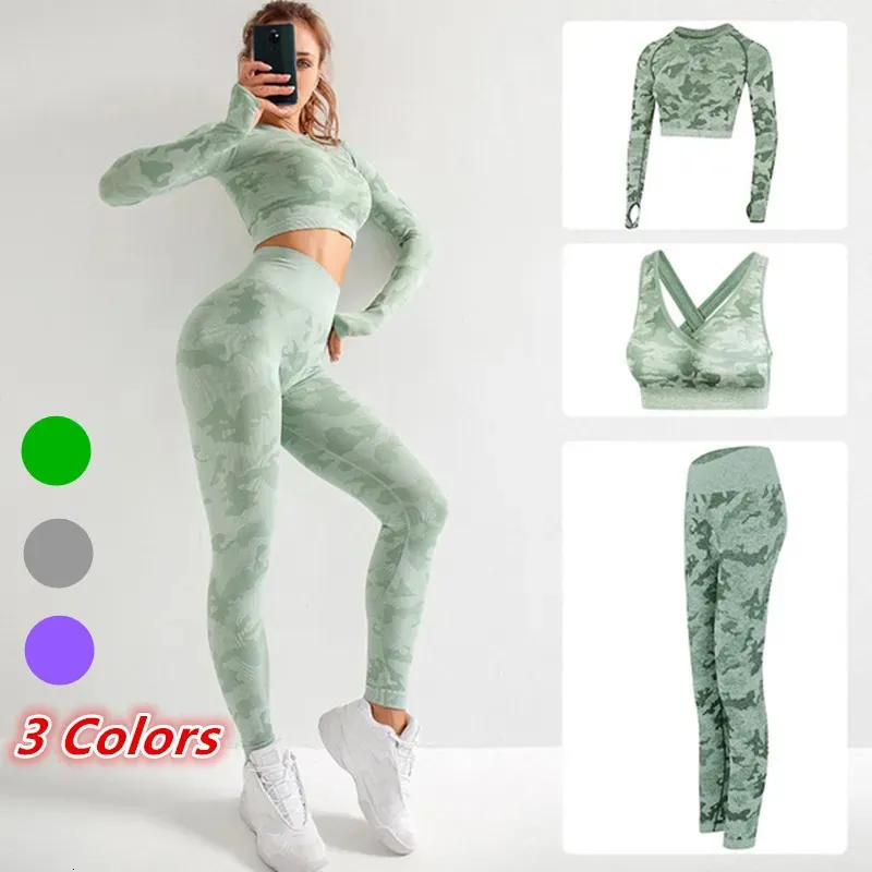 Yoga Outfit Femmes Sans Couture Trois Pièces Costume Sous-vêtements De Sport Fitness À Manches Longues Haut Court Taille Haute Leggings Gym 231012