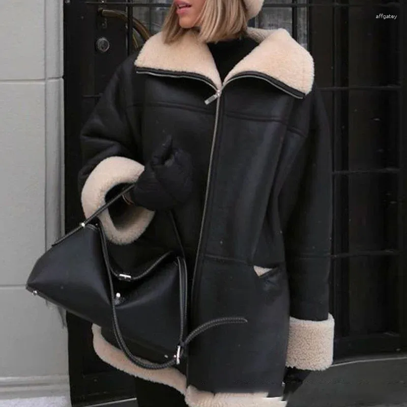 Women's Trench Coats Autumn Winter Thick Warm PU Jacket Casual Women Black Zip Vintage Outwear Top Fashion Cashmere Leather Fur Collar