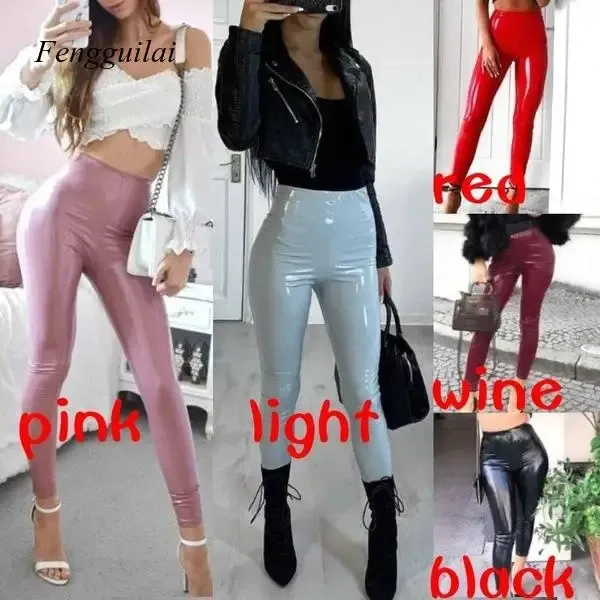 Kadın Taytlar S-3XL Islak Görünüm Deri Taytlar Kadın Yüksek Bel Taytlar Stronch İnce Kırmızı Siyah Test Moda Pu Pantolon Kadınlar 231013