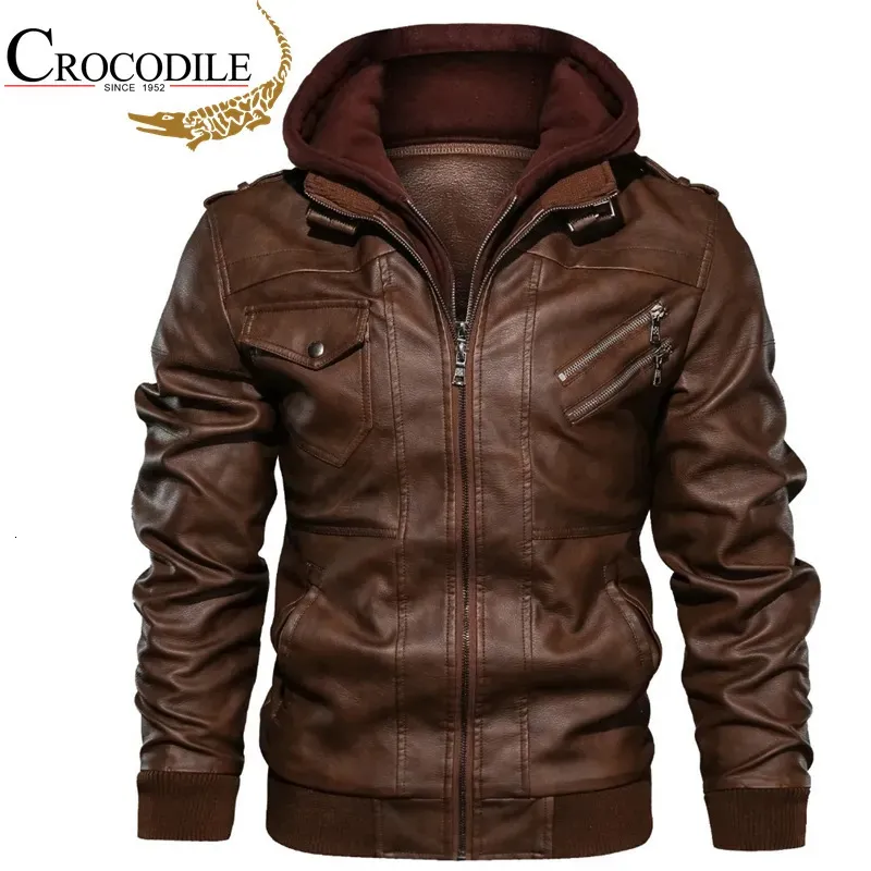 Couro dos homens de couro falso marca capuz jaqueta de couro dos homens da motocicleta inverno velo quente motociclista casaco vintage moto casual fino piloto jaquetas de couro 231012