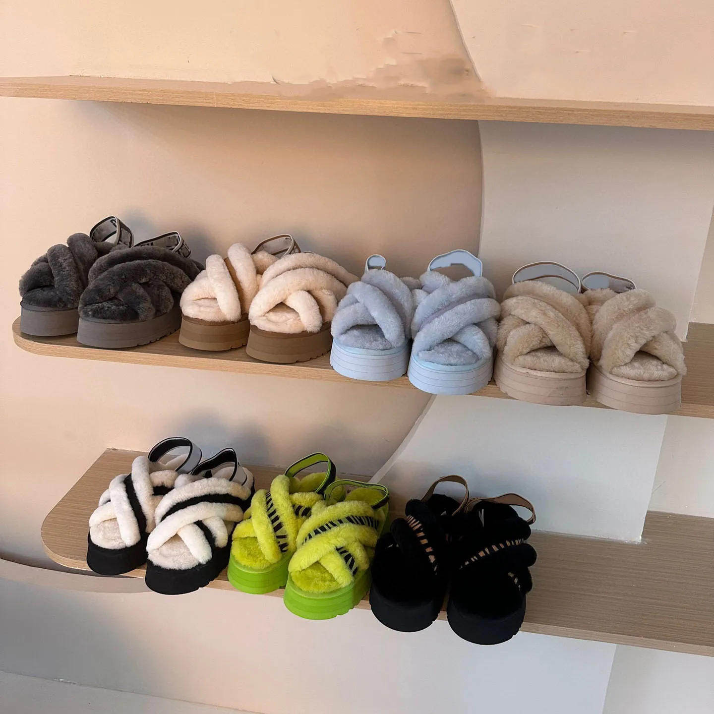 Designer Australian Plush Disco Crossover Fluffy Slippers For Women