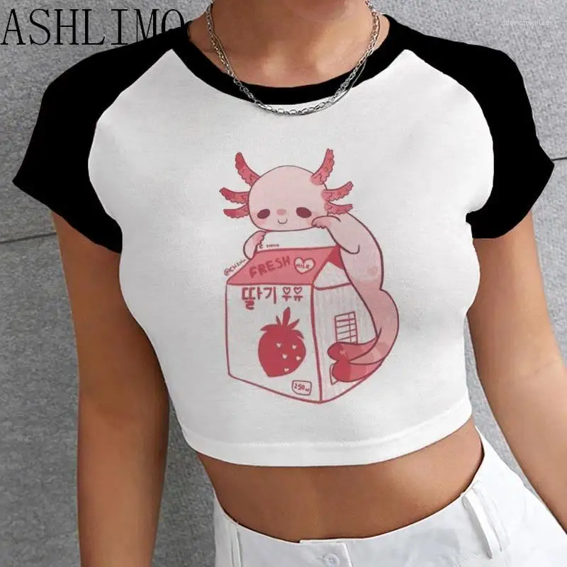 Women's T Shirts Kawaii Cartoon Axolotl Women Summer Top Shirt Anime Graphic Tee O Neck Short Sleeve Cute Aesthetic Tshirt Female Crop Slim