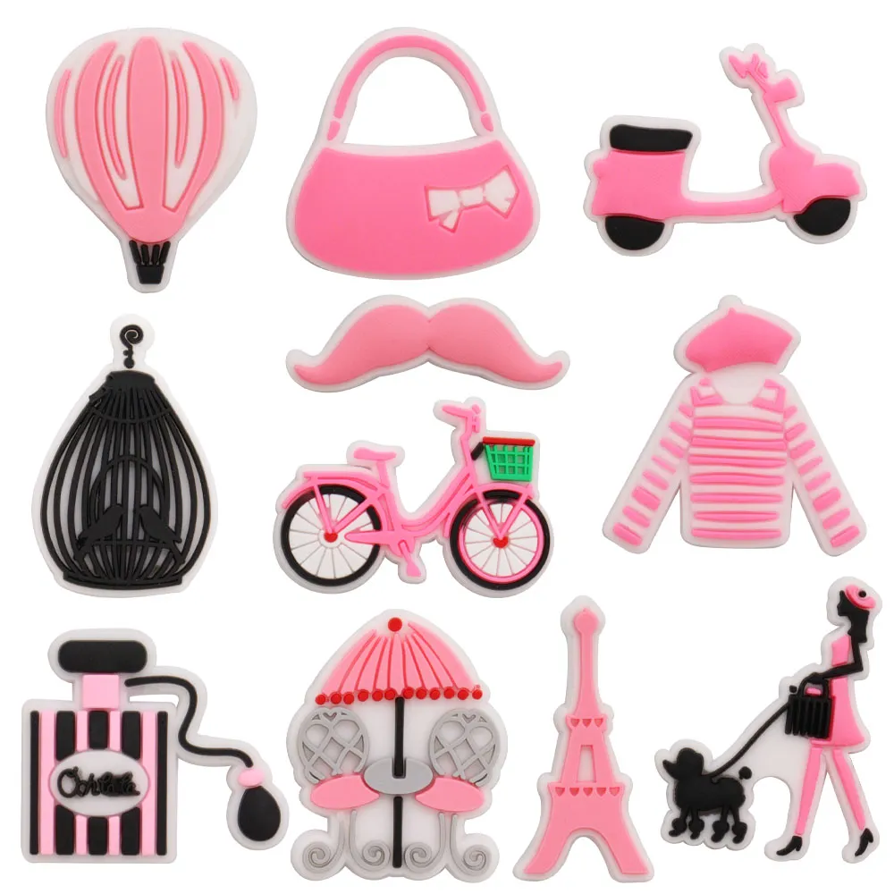 Commercio all'ingrosso 100 pezzi borsa in PVC moto bicicletta vestito borsa profumo vestiti donna barba giardino scarpa charms bambini fibbia decorazioni per il braccialetto pulsante zoccoli