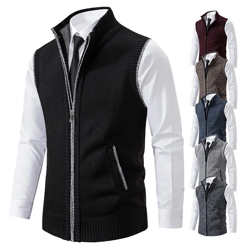 Trench da uomo Gilet lavorato a maglia maglione senza maniche Cardigan in velluto di lana con cerniera Turn down Pullover dolcevita maglione gilet in maglia 231012