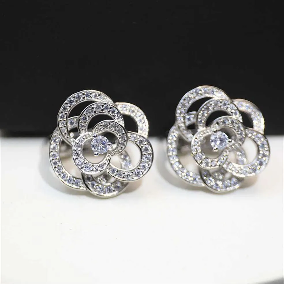 Pattern Hollow Earrings With Diamond Camellia Shining S925 Sterling Silver Fashion Luxury Platinum Brand Jewelry 2022 LOVE258L