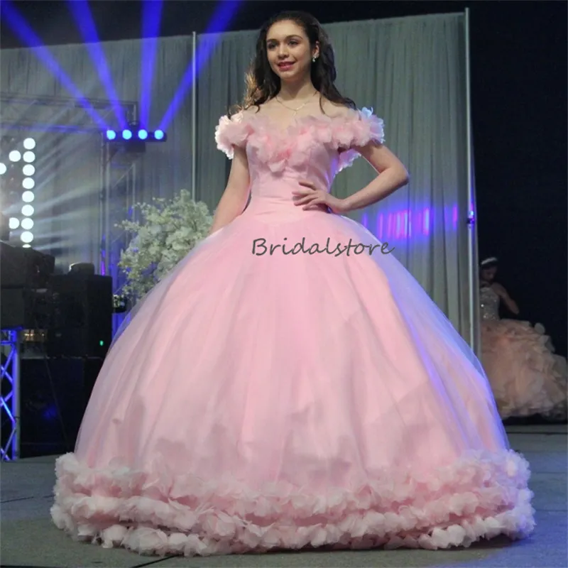 Роскошные розовые платья Quinceanera с 3d цветочным принтом 2024, бальное платье с открытыми плечами Vestido De 15 Anos на шнуровке Vestidos Para Mujer Gala Vestidos Debutantes Masquerade Prom