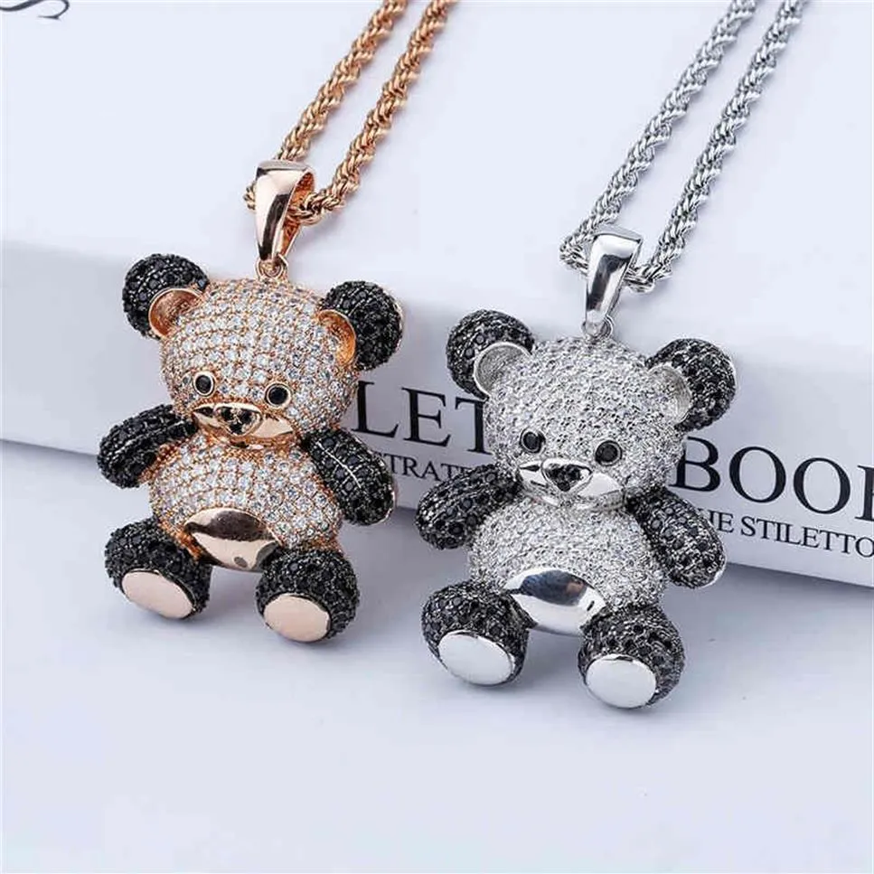 Hip Hop Cute Cartoon Panda Schmuck Halskette Anhänger Iced Out Zirkon Herren Diamant Kette mit Seil Chain306e