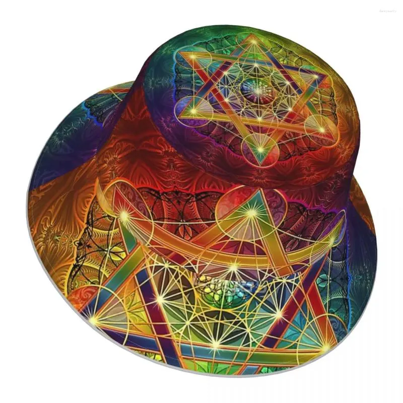 Merkabah와 Life of Life Reflective Bucket Hat Men 여성 야외 선 스크린 해변 모자를 가진 Metatron 's Cube Berets