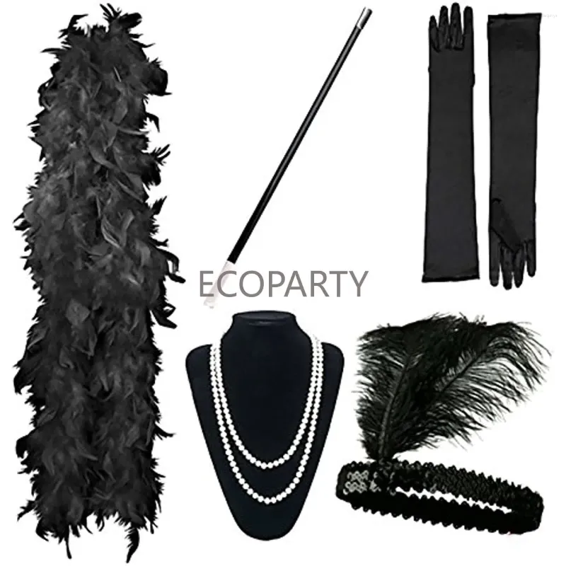 Party Supplies 5 Piece 1920s Costume Women's Flapper Showgirl Set 20s Accessories Headband Necklace Feather Scarf Gloves Cigarette Holder