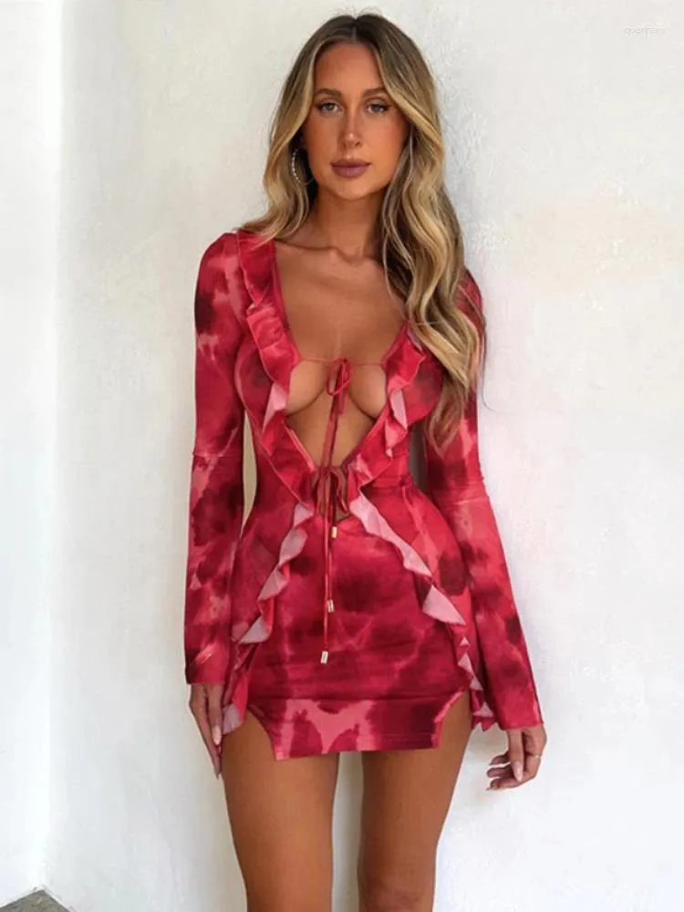 Casual jurken, sexy bodycon-jurk met ruches, mode, bandage, lange mouwen, clubfeest, strandoutfits, zomer, strakke mesh, doorzichtige print, mini