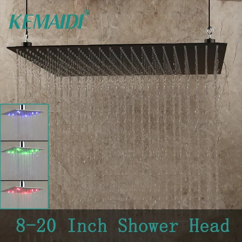 Bathroom Shower Heads KEMAIDI 8~20 Inch Black LED Square Rain Stainless Steel Shower Head Ultrathin Choice Bathroom Wall Ceiling Mounted 231013