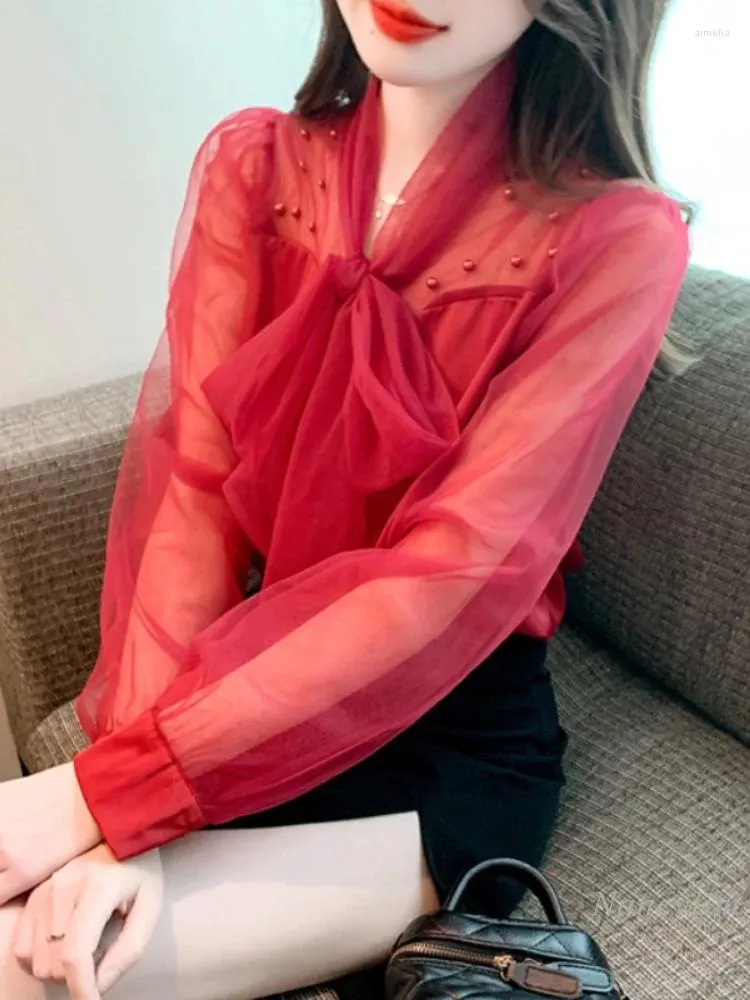 Blusas femininas gaze costura manga longa chiffon camisa outono roupas 2023 moda linda vermelho topo laço colarinho
