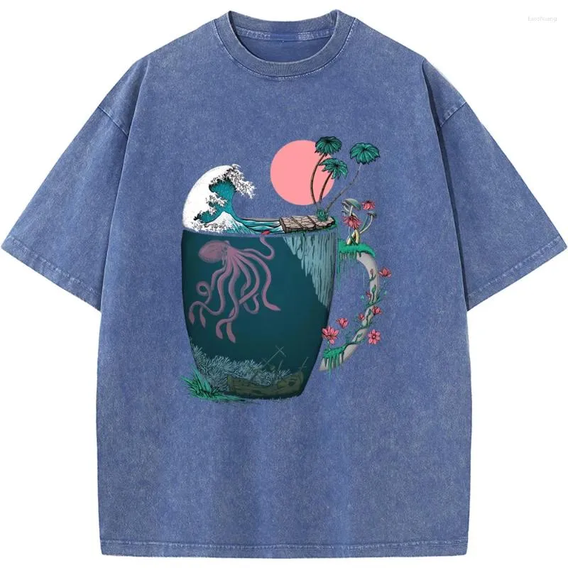 Mäns T-skjortor Cup och Ocean Printed Men/Women Washed T-shirt 230G Cotton Funny Loose Bleached Tshirt Retro Hip Hop Bleach Shirt Topps