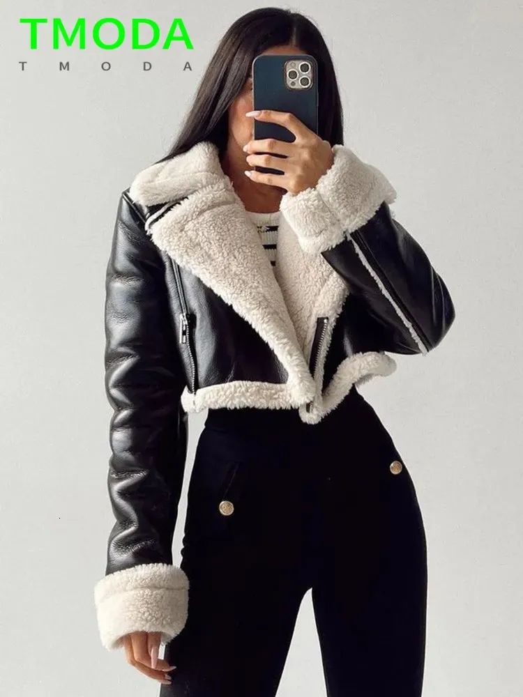 Kvinnors jackor t moda 2023 höst vinter kvinnor tjock varm faux läder shearling kortjacka damer vintage kappa kvinnliga ytterkläder chic toppar 231012