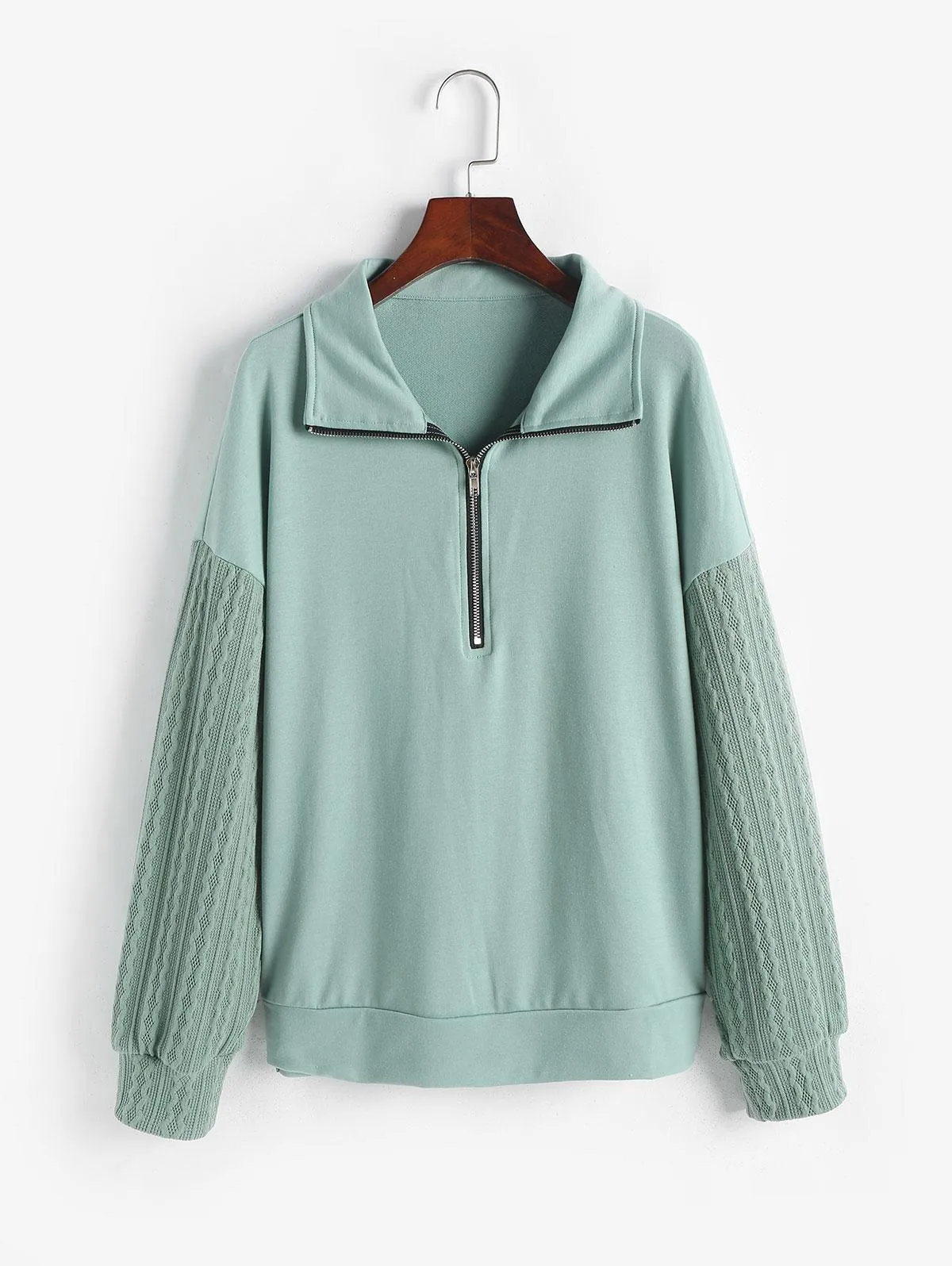 Sweatshirts Woman Half Zip Cable Knit Panel Drop Shoulder Sweatshirt - Green L