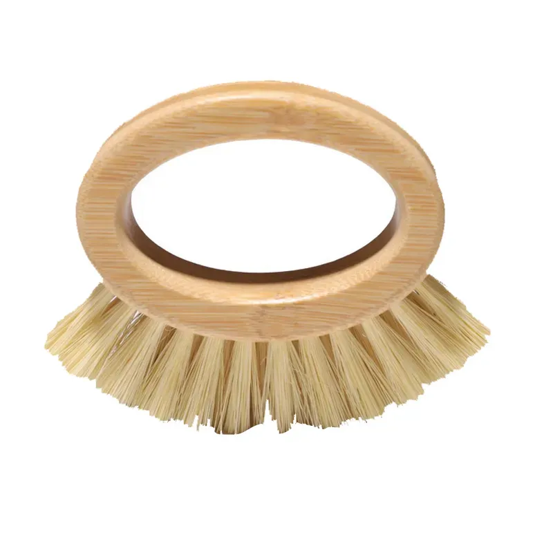 Spazzola per pulizia con manico in legno di bambù Anello ovale creativo Spazzole per piatti in sisal Forniture per la cucina domestica 65G LL