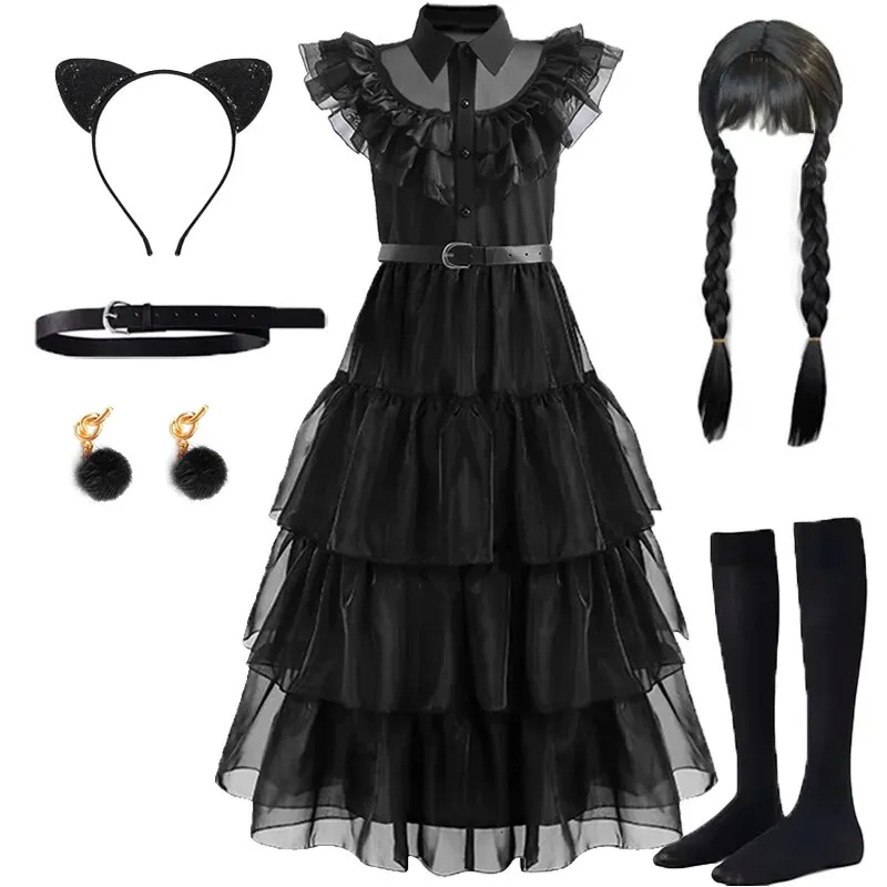 Sukienki dla dziewczynek środa Addams Cosplay for Girl Costume 2023 Vestidos Kids Party Carnival Easter Halloween Kostium 5 14 lat 231013