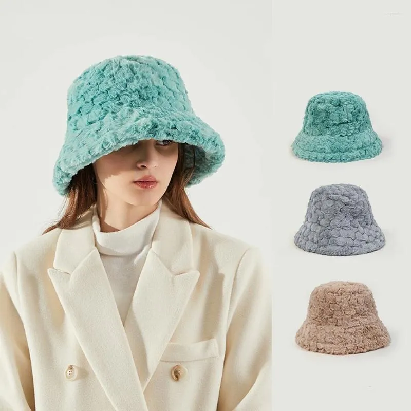 Berets Winter Women Bucket Hats Faux Fur Fisherman Caps 55-58cm Flat Plush Pot Bob Warm Solid Color 2023 Female YF0196