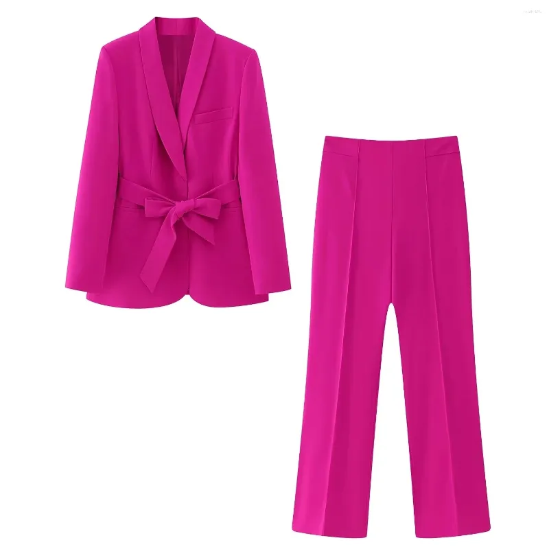 Calças femininas de duas peças chiques mulheres calça conjuntos 2023 em roes escritório senhora moda manga longa arco cinto oversized blazer perna larga 2