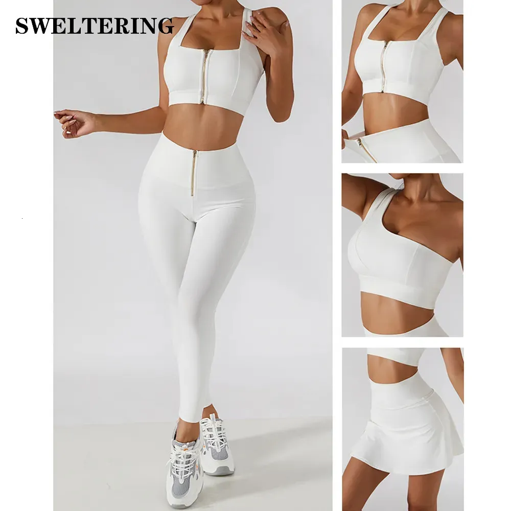 Yoga Outfit 2PC Set Women Workout Sport Gym Wear Suit High Waist Leggings Skirts Front Zipper Bra Fitness Crop Top Sportswear 231012