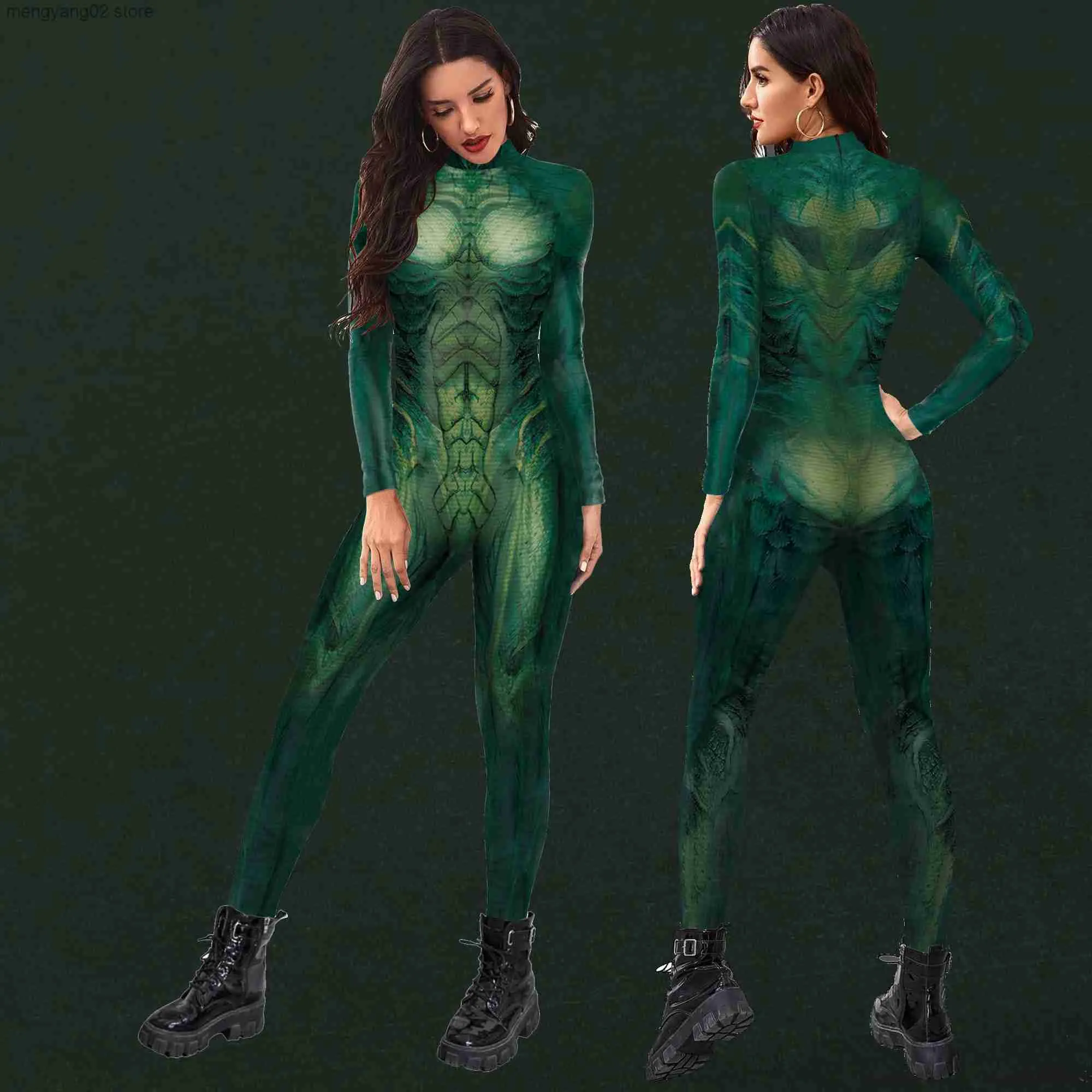 Costume a tema Verde Alien Stampa Festa di festa Tuta senza cuciture Moda donna Tuta sexy Stretch Abbigliamento casual Cosplay Vieni tuta T231013