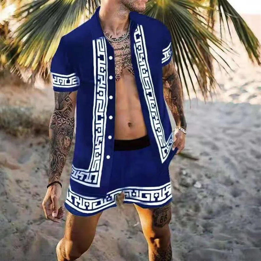 Moda męska letnia ścieżki na Hawajskie krótkie rękawy 2pcs Zestaw wysokiej jakości drukowanych koszulki