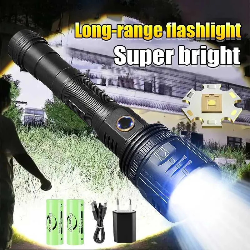 Facklor 2023 Nyaste mest kraftfulla LED -ficklampa USB -laddningsbara fackla Ljus Hög Power Ficklamp Tactical Lantern Long Shot Hand Lamp Q231013