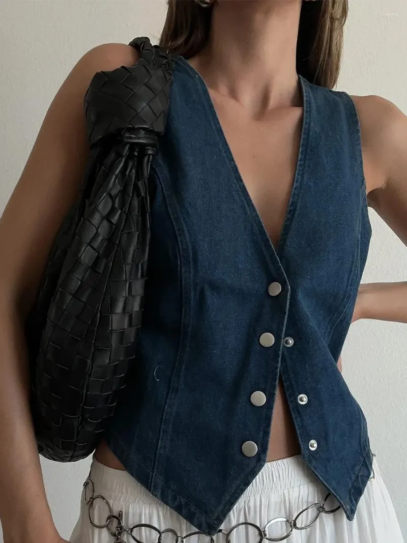 Gilets Femmes Combhasaki Femmes Y2K Vintage Denim Gilet Corset Sans Manches Gilet Col En V Débardeurs Boutonné Ourlet Irrégulier Jean Slim