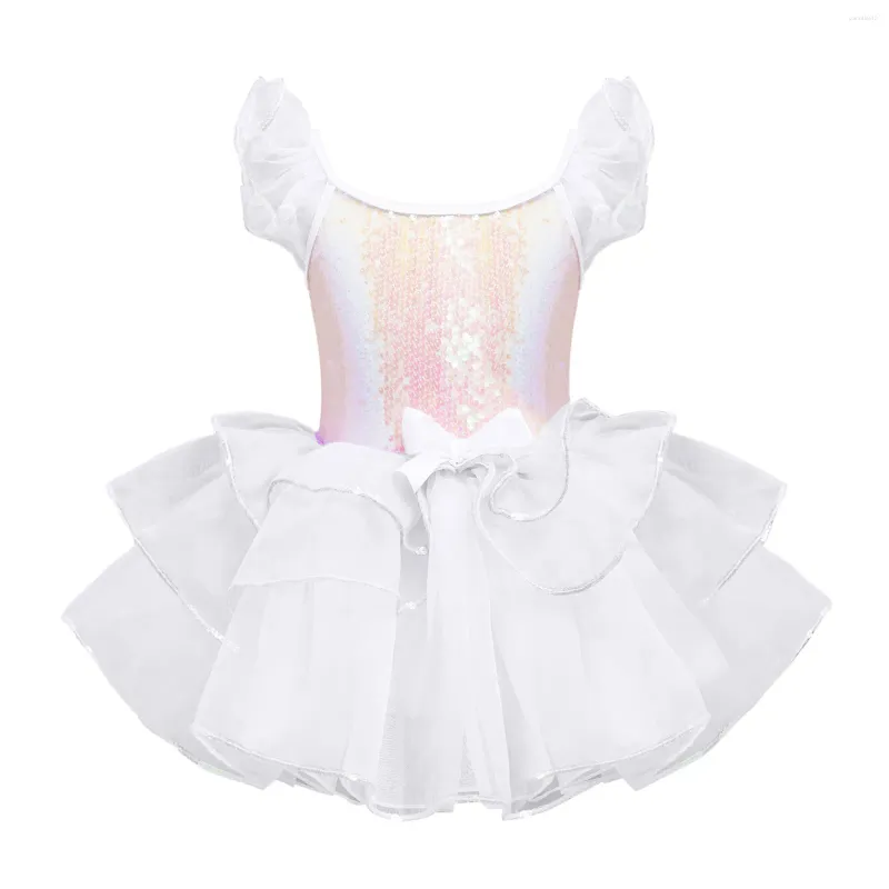 Stage Wear Kids Meisjes Kerst Ballet Tutu Dans Jurk Sparkly Pailletten Tiered Dancewear Ruches Mouw Strik Lyrisch Kostuum