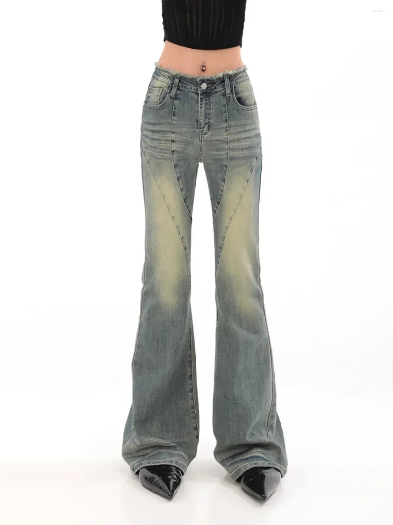 Damesjeans WCFCX STUDIO Y2k Make Old Washed Flare-broek Koreaanse mode De hoge wijde vintage taille Denim