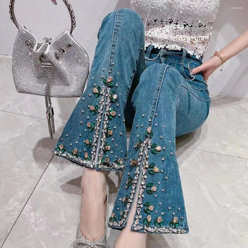 Jeans pour femmes Industrie lourde Coloré Strass Flare Femmes Taille haute Printemps Automne Mode