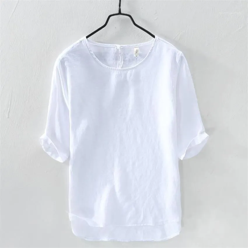 Herr t-shirts sommaren ren t-shirt avslappnad solid linne topp-t-shirt för män o-hals kort ärm t-shirt manliga toppar tees ts-4021250z
