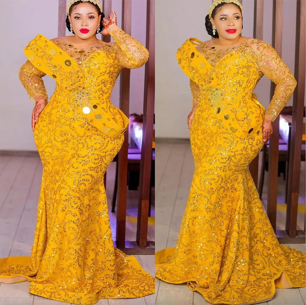 2023 Árabe Aso Ebi Sereia Amarelo Vestidos de Baile Frisado Cristais Noite Formal Festa Segunda Recepção Aniversário Vestidos de Noivado Vestido