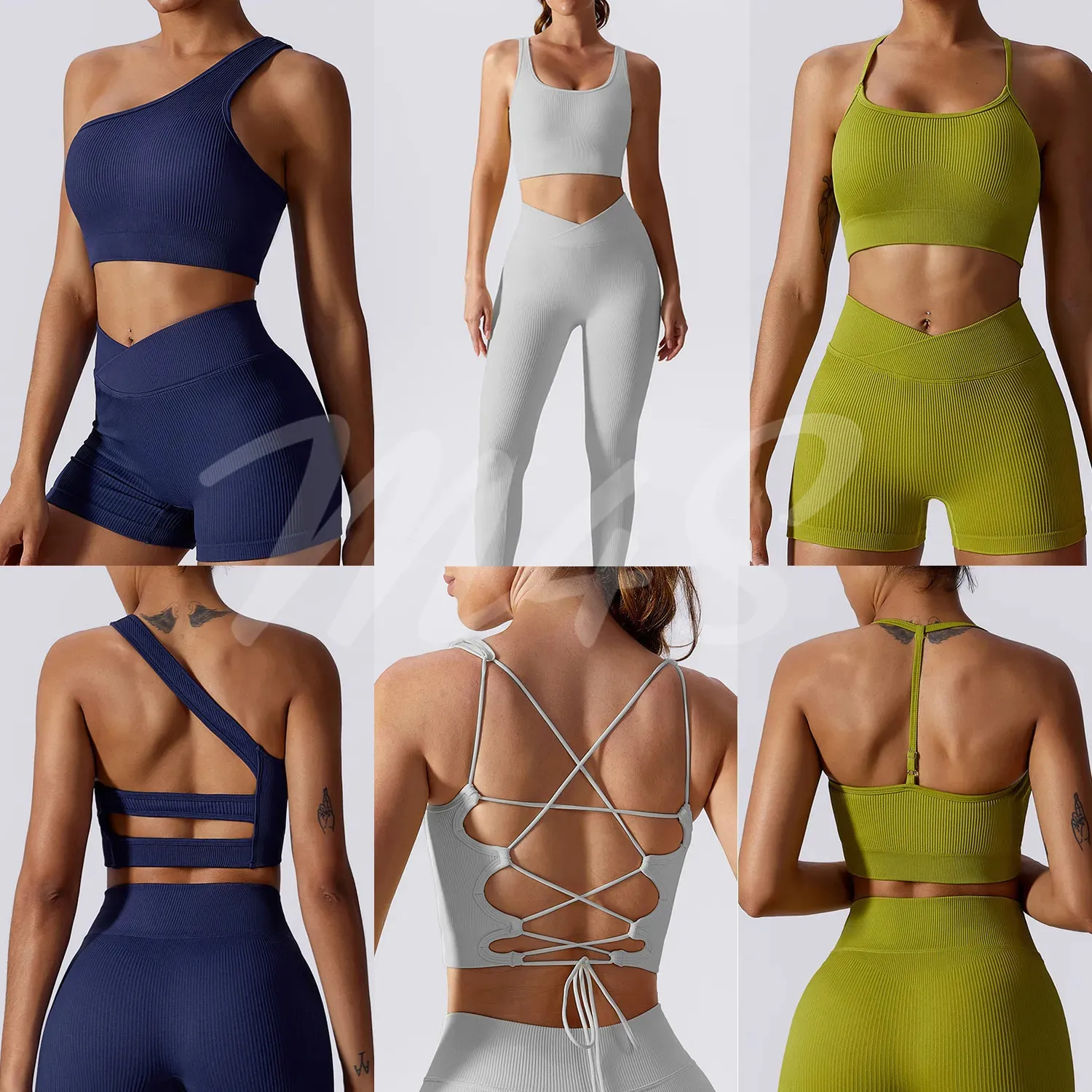 Yoga Outfit Seamless Ribbed Ensemble 2 Pieces Set for Women Halter Sport Vest Bra Leggings Tracksuit Running Gym Workout Fitness Shorts 231012