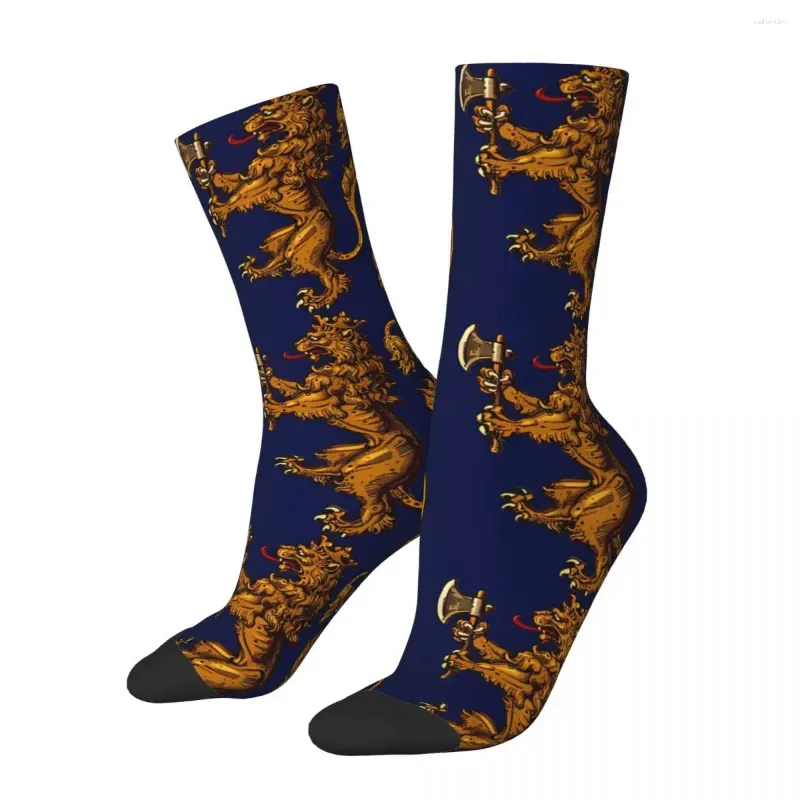 Skarpetki męskie Happy Heraldic Vintage Golden Lion i Damask Hip Hop płynna załoga Sock Sock Prezent wydrukowane