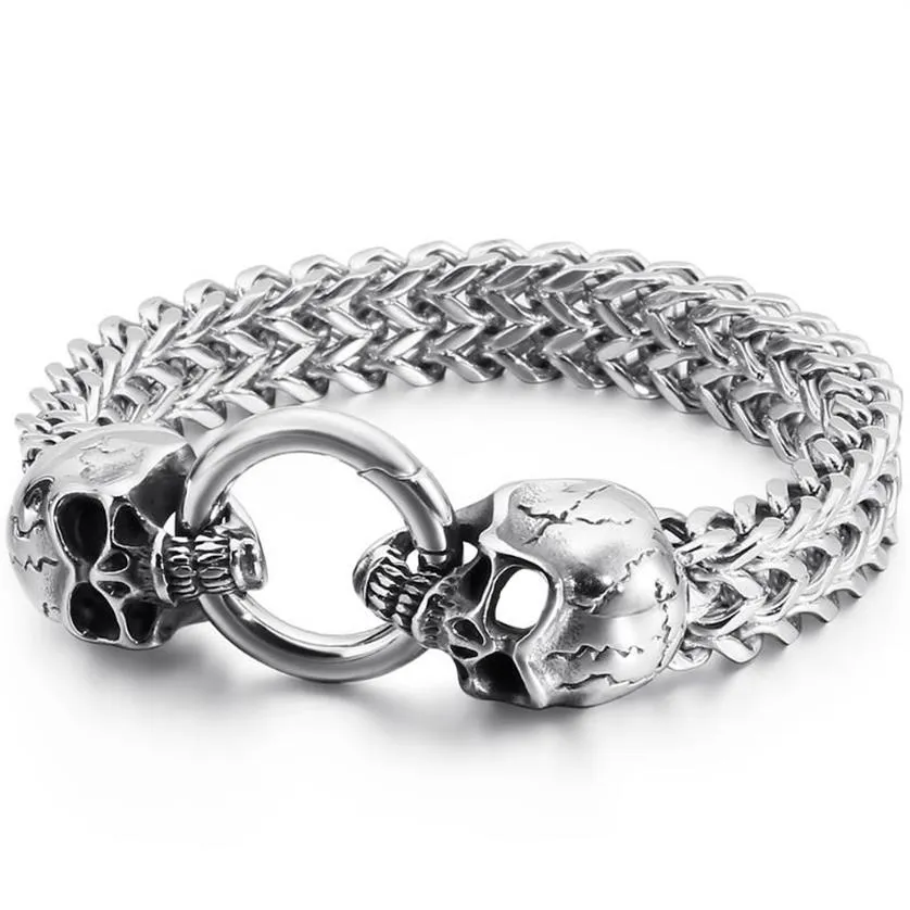Link chain gótico duplo crânio homem pulseira em aço inoxidável masculino charme pulseiras steampunk esqueleto jóias convidados presentesLink245f