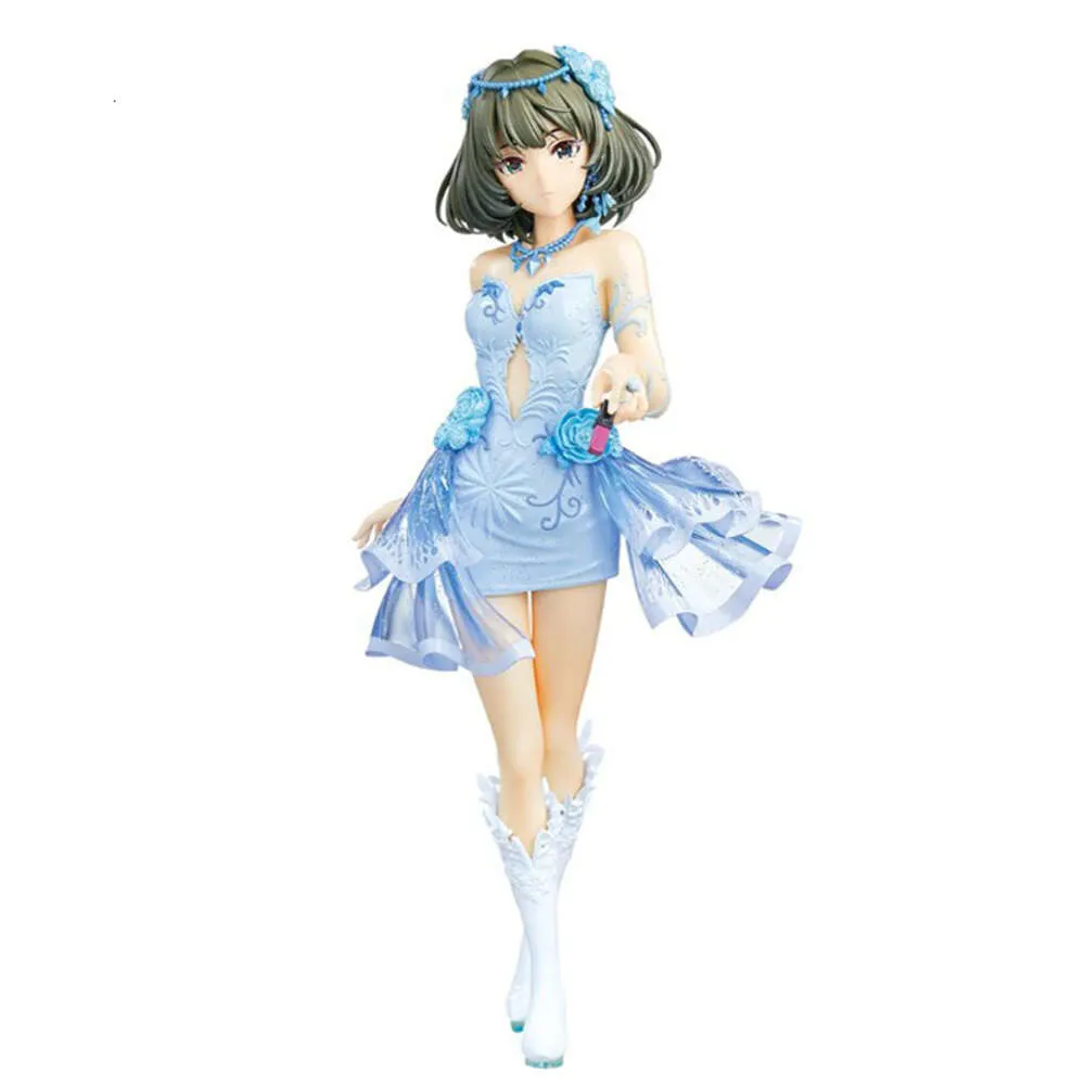 Mascot kostymer äkta 22 cm anime figur Idolmaster Askepott Girls Takagaki Kaede Blue Dress Stand Model Doll Toy Gift Collect Boxed PVC